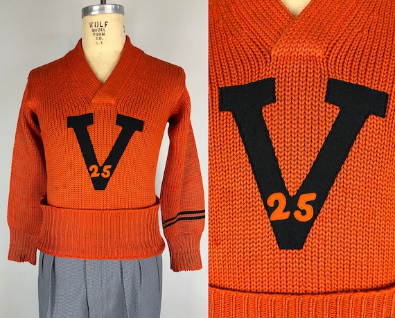 1920s Vic's Victorious Varsity Sweater | Vintage 20s Orange Wool Knit Pullover Jumper with Black Felt Patch and 1925 Date! | Medium