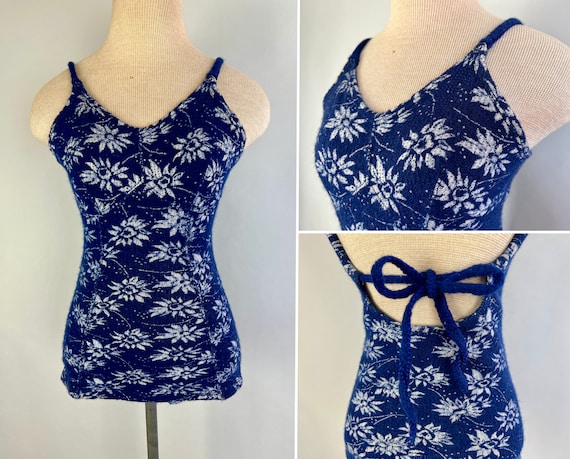 1930s Swimmer's Delight Swimsuit | Vintage 30s Navy Blue and White Floral Pattern Wool One Piece Bathing Suit | Small Extra Small XS