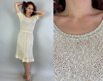 1950s Sweet as Cream Knit Dress | Vintage 50s White Rayon Open Lacey Curve Hugging Knit Frock with Silver Lurex Accents | Extra Large XL