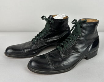 1930s Classically Chic Lace Up Boots | Vintage 30s Black Cap Toe Leather High Top Shoes with Broguing and Leather Soles | Size 8.5 8&1/2