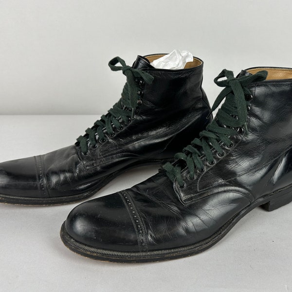 1930s Classically Chic Lace Up Boots | Vintage 30s Black Cap Toe Leather High Top Shoes with Broguing and Leather Soles | Size 8.5 8&1/2