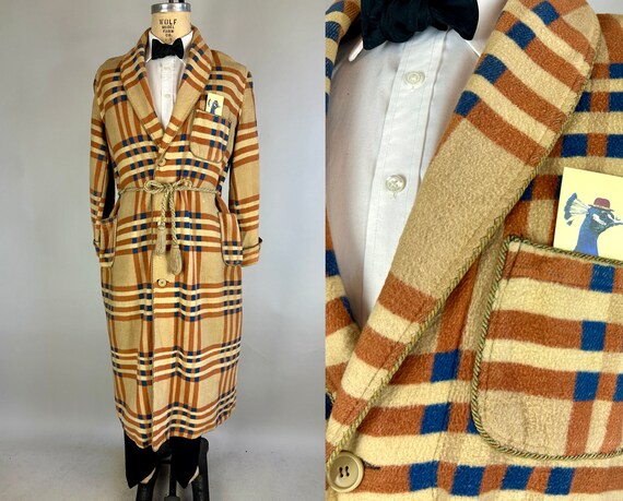 1920s Warm Woodsy Wool Robe | Vintage 30s Sandy Beige Orange and Blue Plaid Flannel Smoking Jacket with Rope Belt and Trim | Large