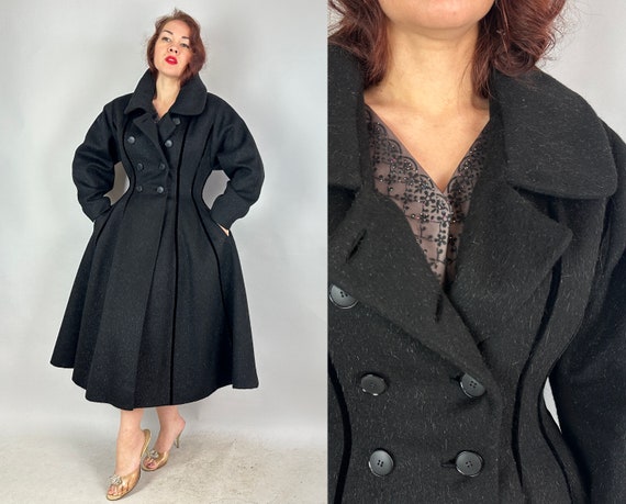 1950s Walk the Runway Coat | Vintage 50s Black Wool Mohair Velvet Stripe Double Breasted Princess Coat by "Lilli Ann" | Small Medium