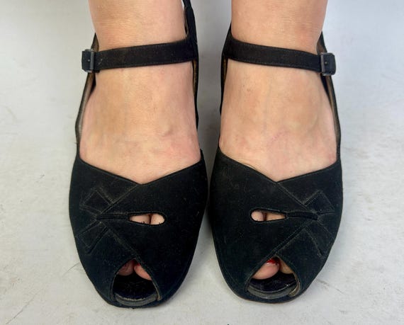 1940s Starlet Stroll Shoes | Vintage 40s Black Suede Leather Ankle Strap Heels with Peep Toe and Teardrop Cutout Pumps | Size US 10