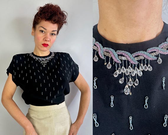 1940s Black Beauty Blouse | Vintage 40s NOS Rayon Back Buttoning Shirt Top with Pink and Blue Beads and Dangling Droplets | Medium Large XL