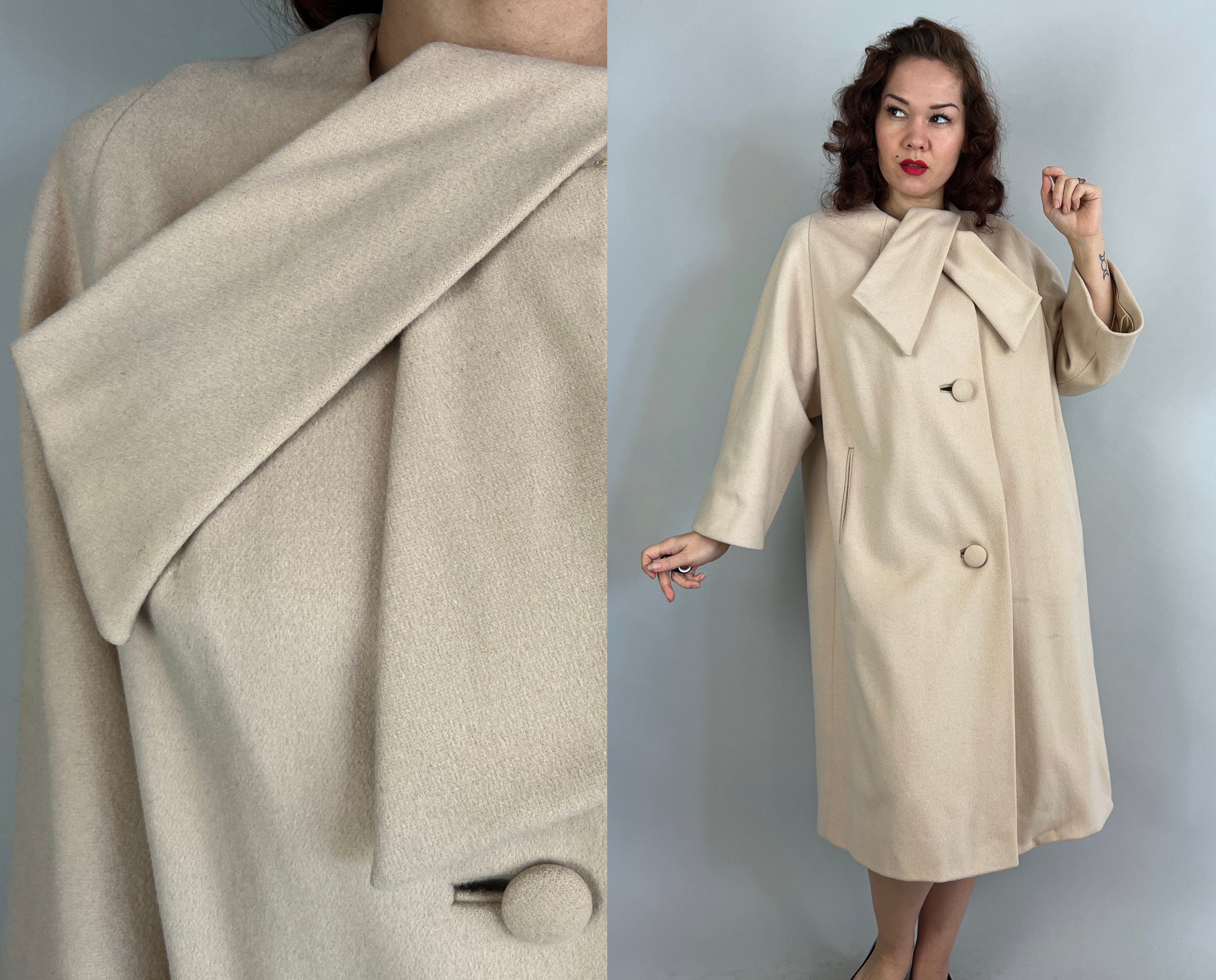 1960s Polar Princess Lilli Ann Coat Vintage 60s Swing Overcoat in Cream White Wool with Pockets Pleats and Scarf Large Extra Large XL