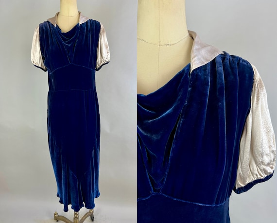 1930s Silver and Sapphire Dress | Vintage 30s Blue Silk Velvet and Shimmery Satin Cocktail Frock with Puff Sleeves & Bias Cut | Small Medium