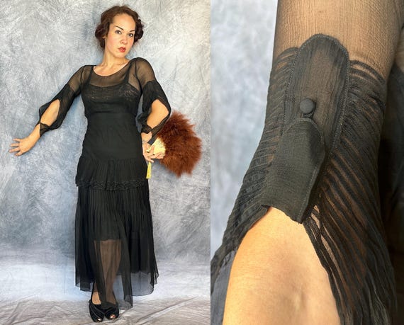 1920s Visceral Vamp Dress | Vintage 20s Black Sheer Silk Chiffon Crepe Gown with Slit Sleeves Open Back Lace Peplum & Pintucks | Small