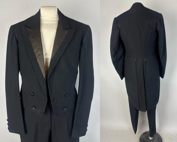 1900s New Years Celebration Tails Tux | Antique Edwardian Three-Piece Black Wool Tuxedo Suit with Vest Dated 1901! | Size 36/38 Small/Medium