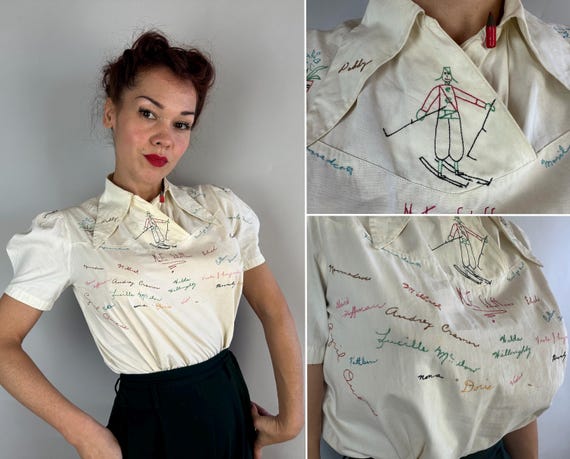 1930s Sign of the Times Signature Blouse | Vintage 30s White Cotton Puff Sleeve Pullover Shirt w/Colorful Rainbow Embroidered Names | Small