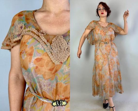 1930s Gatsby Garden Gown | Vintage 30s Orange Blue Yellow and Purple Floral Pattern Silk Chiffon Dress with Capelet and Deco Belt | Medium