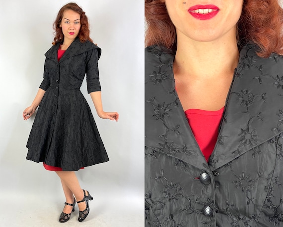 1950s "New Look" New You Coat | Vintage 50s Tone on Tone Floral Embroidered Black Rayon Taffeta Princess Overcoat | XS Extra Small