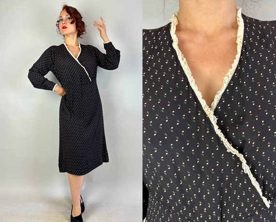 1930s Frenchie's Dashing Dots Dress | Vintage 30s Black and White Rayon Crepe Faux Wrap Frock with White Ruffled Lace Trim | Extra Large XL