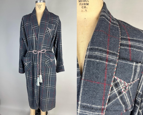 1930s Warm Woodsy Wool Robe | Vintage 30s Grey Red White & Black Plaid Flannel Lounge Jacket with Silk Rope Accents | Large Extra Large XL