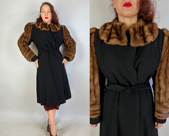 1930s Portrait Perfect Coat  | Vintage 30s Black Wool Gored Overcoat with Dramatic Beaver Fur Sleeves and Ruffled Collar | Small Medium