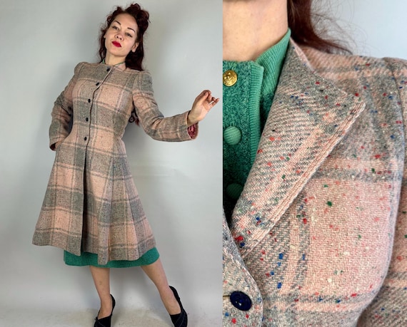 1930s Candy Coated Coat | Vintage 30s Grey & Pink Plaid Tweed Wool with Blue Red Green and White Flecks Nipped Waist Overcoat | Small XS
