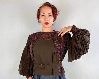 1910s Beaded Beauty Blouse | Vintage Teens Brown Silk Chiffon Belted Top w/Blue Yellow Red Beads and Pleated Poet Sleeves | Medium Large