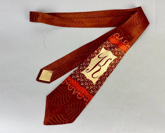 1940s Stage Presence Necktie | Vintage 40s Terra Cotta Ivory & Pumpkin Orange Rayon Satin Self Tie Cravat with Theater Curtain "K" Monogram