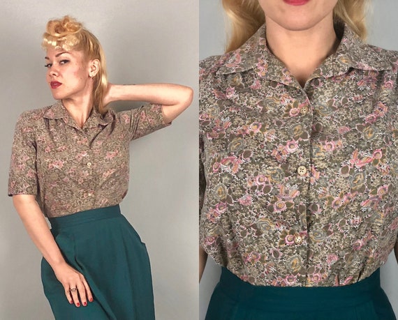 1950s Floral Print Blouse | Vintage 50s Candy Pink