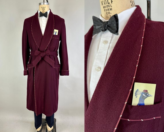 1930s Fireside Friend Robe | Vintage 30s Wine Red Wool Loungewear Smoking Jacket with White Striped Trim and Belt | Medium/Large