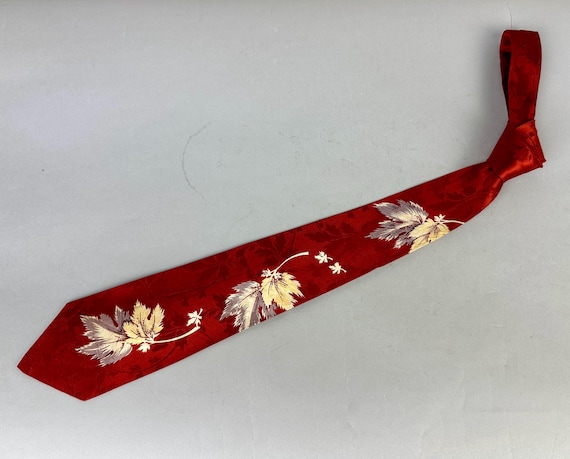 1950s Maple My Love Necktie | Vintage 50s Autumn Leaves Silk Satin Self Tie in Red Lavender Creamsicle and White