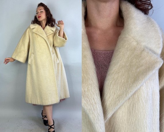 1950s Polar Princess "Lilli Ann" Coat | Vintage 50s Swing Overcoat in Cream Long Nap White Wool Mohair with Pockets | Small Medium Large
