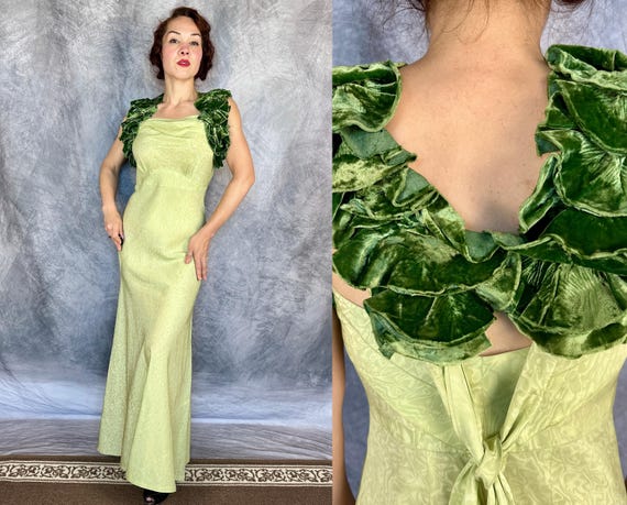 1930s Garden of Eden Moiré Gown | Vintage 30s Light Green Dress with Ivy Green Silk Velvet Ruffled Straps and Tie Back | Small Medium