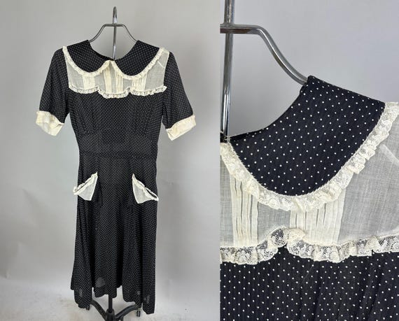 1930s Shop Girl Chic Dress | Vintage 30s Semi-Sheer Black & White Swiss Dot Cotton Day Frock w/White Lace Trimmed Accents | Extra Small XS