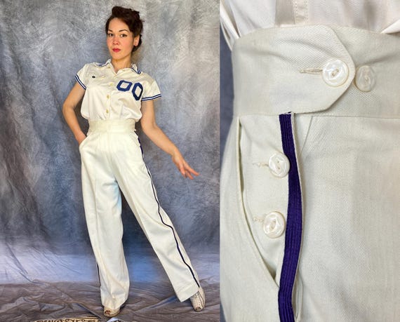 1930s Sassy Striped Slacks | Vintage 30s White Cotton Twill High Waist Double Side Button Pants Trousers with Purple Stripe | Small Medium