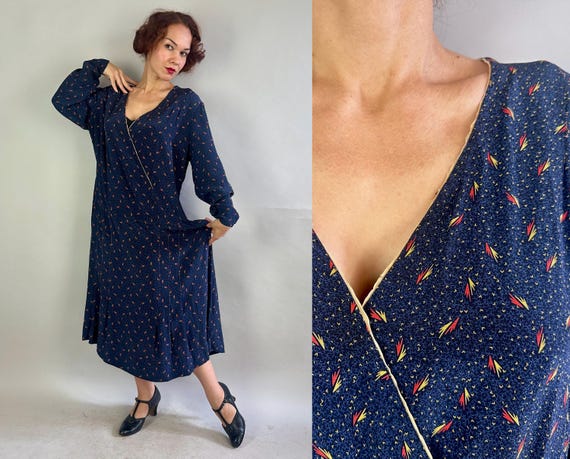 1920s Fireworks Flapper Frock | Vintage 20s Navy and Midnight Blue Silky Rayon Dress with Yellow and Red Sparks Print | Extra Large XL