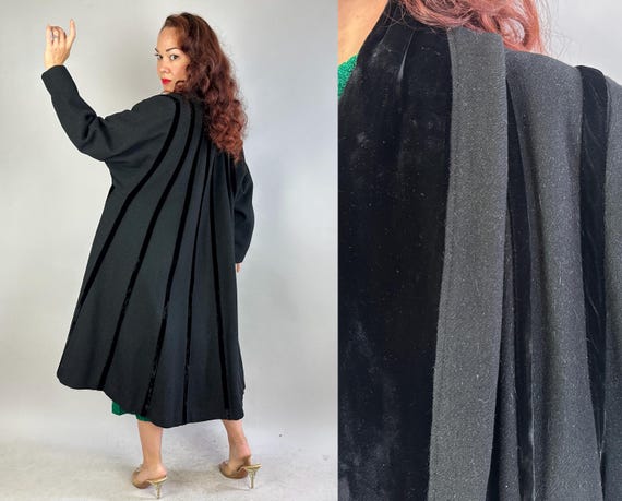 1950s Walk the Runway Coat | Vintage 50s Black Wool and Long Nap Mohair w/Velvet Stripes & Shawl Collar Swing Overcoat | Small Medium Large