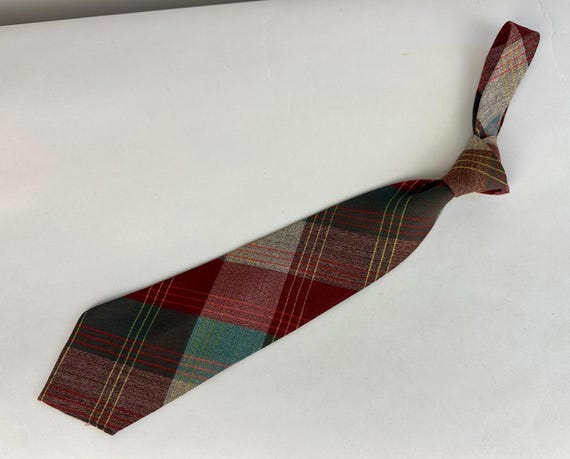 1930s Mountain Man Necktie | Vintage 30s Green Brown Yellow Grey and Red Tartan Plaid Wool Self Tie Cravat by Grenville