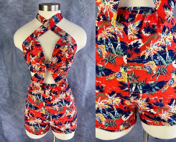 1940s Malibu Mayhem Bikini | Vintage 40s Red Blue Yellow Tropical Island Print Cotton 2 Piece Halter Shirred Shorts Swimsuit | Small Medium