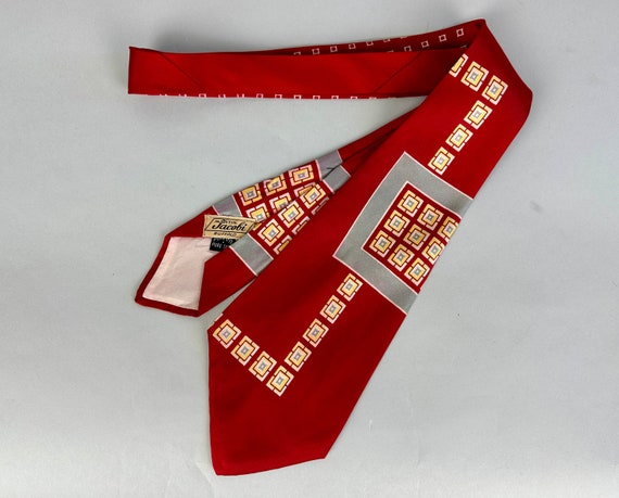1940s Framed Frames Necktie | Vintage 40s Red Grey Yellow and White Silk Squares Rectangles Pattern Self Tie by "Martin Jacobi"