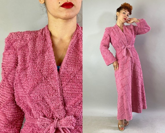 1940s Lovely Lounge Robe | Vintage 40s Pink Diamond Stripe Cotton Chenille Coverup Dressing Gown w/Puff Shoulders | Small Medium Large