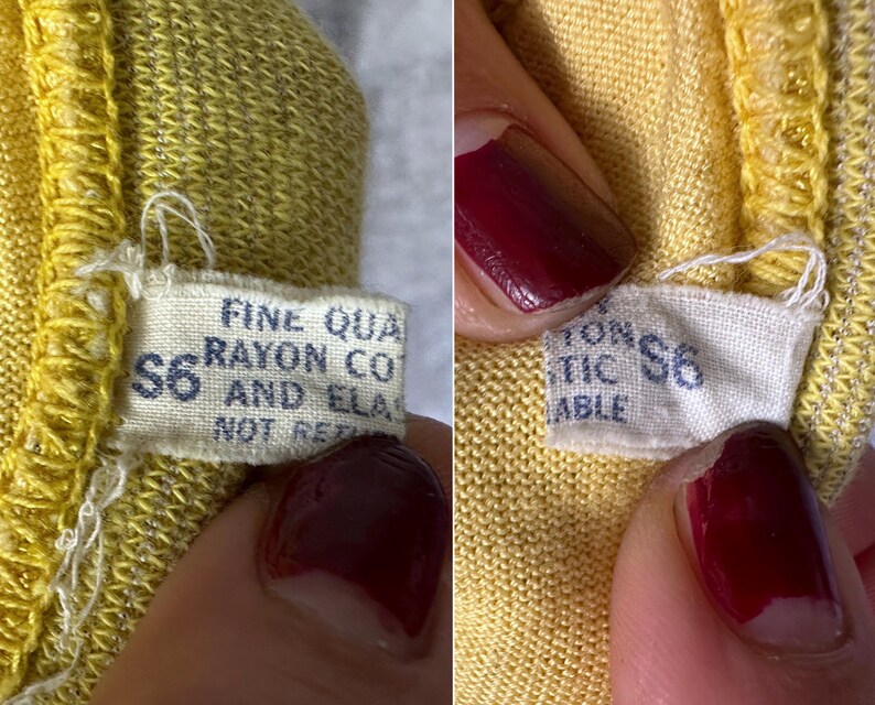 May include: A yellow knit garment featuring a white fabric tag with blue text that reads FINE QUALITY RAYON COTTON AND ELASTIC NOT RETURNABLE. The tag also displays the size S6 in blue ink, with visible stitching along the edge of the yellow fabric.