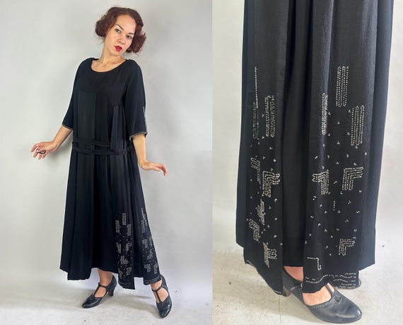 1920s Silky Slip On Sasha Gown | Vintage Antique 20s Black Silk Crepe Dropped Waist Dress w/Beaded Flapper Column Strips | Extra Large XL