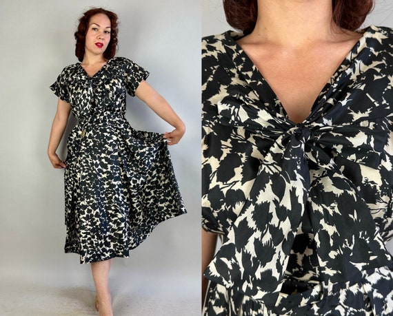 1950s Silhouettes and Shadows Frock | Vintage 50s Black and White Abstract Leaf Ink Blot Print Silk with Bow and Belt NOS | Extra Large XL