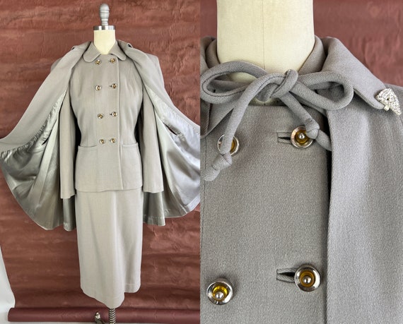 1940s Grand Dame of the Galaxy Suit Set | Vintage 40s Dove Grey Wool 3-Piece Cape Double Breasted Jacket and Skirt Ensemble | Extra Small XS