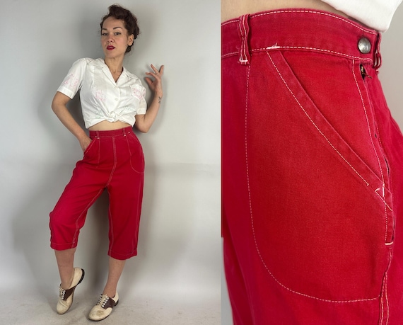 1950s Shuffle Along the Beach Clam Diggers | Vintage 50s Red Cotton Chambray High Waist Side Zip Pedal Pushers w/White Top Stitching | Small