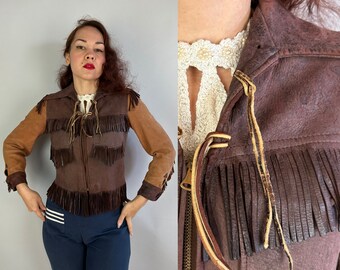 1930s Rebel Wrangler Jacket | Vintage 30s 2 Tone Cinnamon & Chocolate Brown Leather Fringe Fancy Cowgirl Leather Western Coat | Extra Small