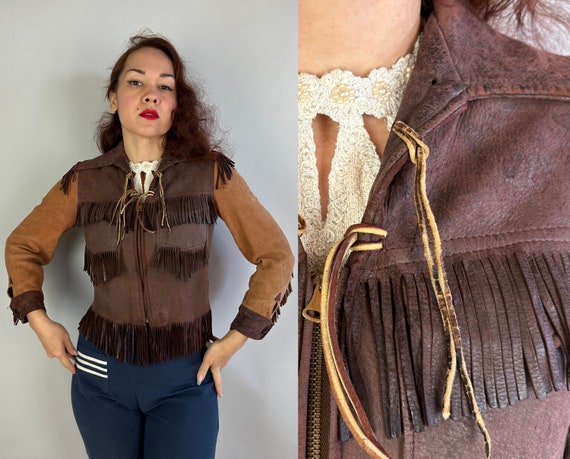 1930s Rebel Wrangler Jacket | Vintage 30s 2 Tone Cinnamon & Chocolate Brown Leather Fringe Fancy Cowgirl Leather Western Coat | Extra Small