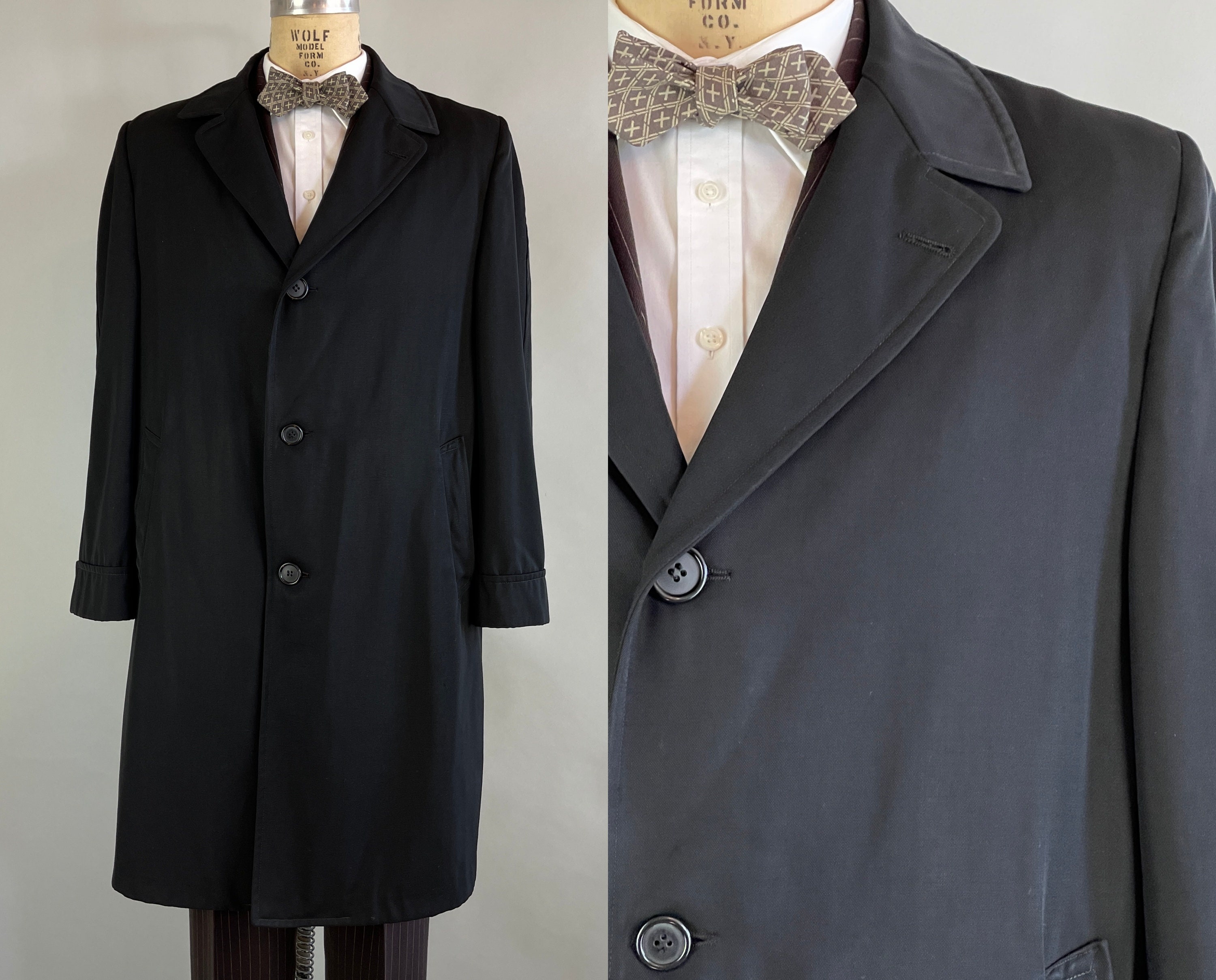 1950s Black Noir Overcoat | Vintage 50s Mens Wool Gabardine Single ...