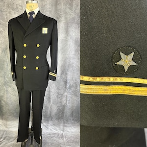 1940s Ships Ahoy! Suit | Vintage 40s Black Navy Officer Dress Uniform w/Gold Embellishments Jacket & Pants Dated 1944! | Size 38/40 Medium
