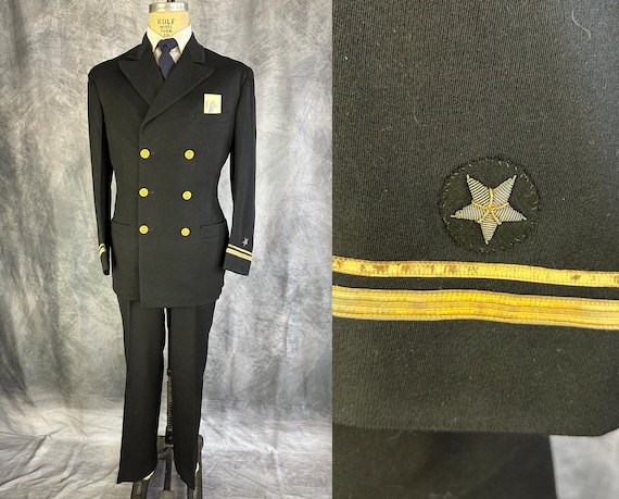 1940s Ships Ahoy! Suit | Vintage 40s Black Navy Officer Dress Uniform w/Gold Embellishments Jacket & Pants Dated 1944! | Size 38/40 Medium