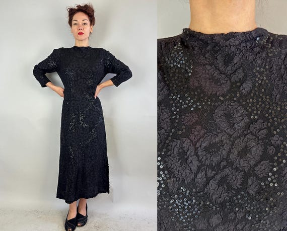 1930s Garbo at the Gala Dress | Vintage 30s "FOGA" Black Ultra Fine Knit Rayon Frock with Ribbon Texture and Sequins | Large Extra Large XL