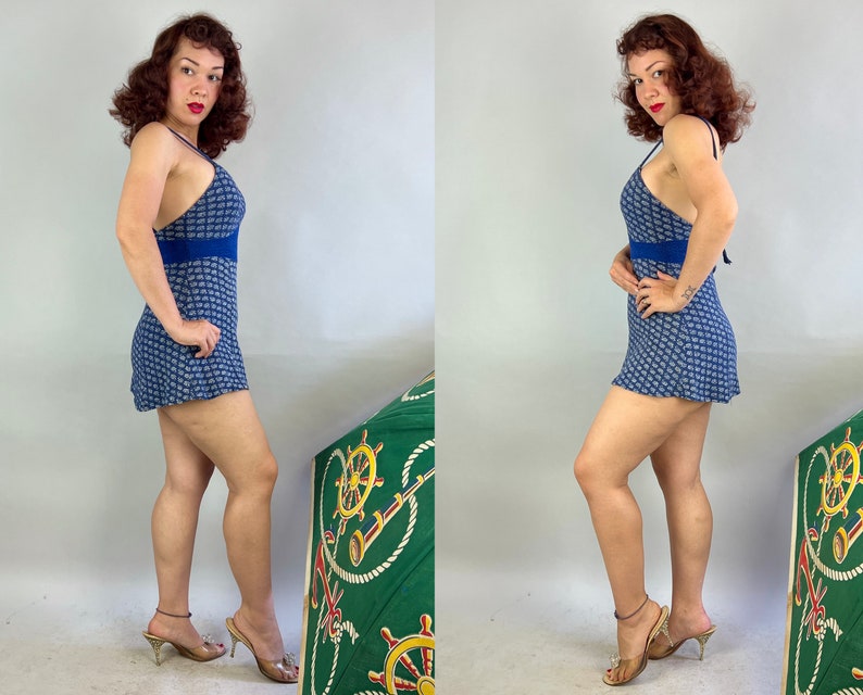 1930s Cathy's Cartwheel Bathing Suit Vintage 30s Blue & White Pinwheel Pattern Cotton Rayon Knit One Piece Skirted Swimsuit Small Medium image 8