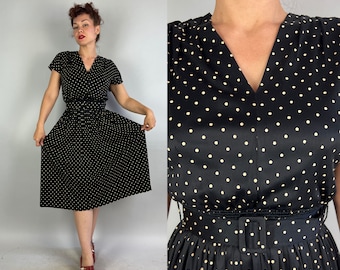 1940s Constellation Dots Dress | Vintage 40s Black and White Polkadot Rayon Jersey Frock LBD with Matching Wide Belt | Small Medium Large