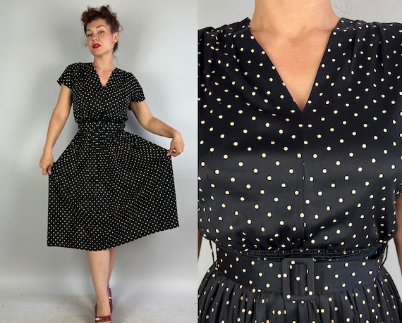 1940s Constellation Dots Dress | Vintage 40s Black and White Polkadot Rayon Jersey Frock LBD with Matching Wide Belt | Small Medium Large