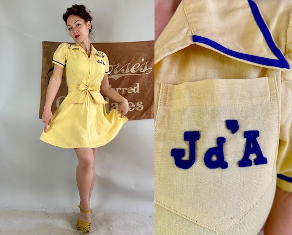 1930s Jd'A Gym Dandy Playsuit | Vintage 30s Yellow Linen w/Blue Trim Togs Athletic Romper w/Puff Sleeves Shorts and Felt Patches | Small